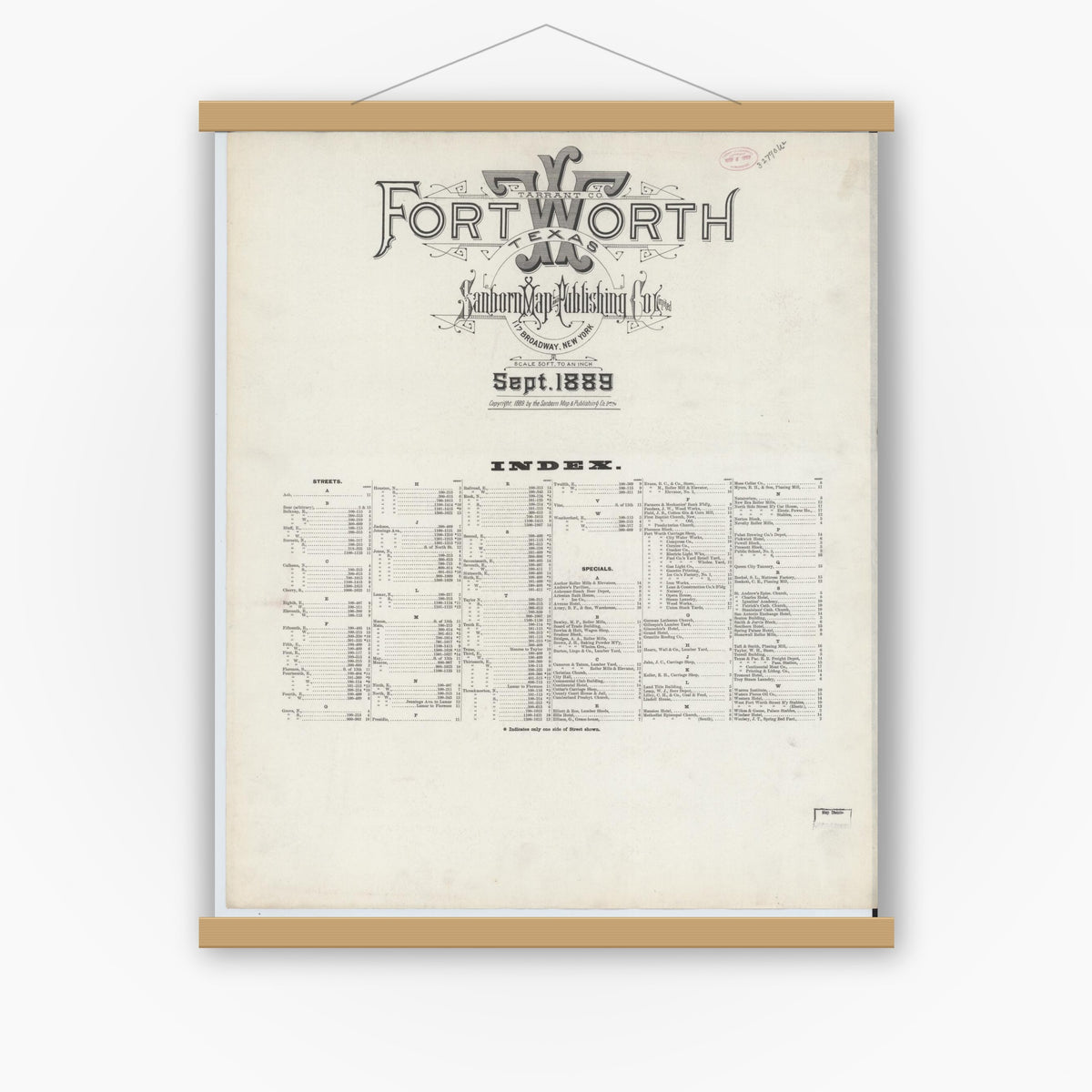 Old map wall art mockup — magnetic wood frame on white wall — Sanborn Fire Insurance Map from Fort Worth, Tarrant County, Texas (1899), Sheet #0001