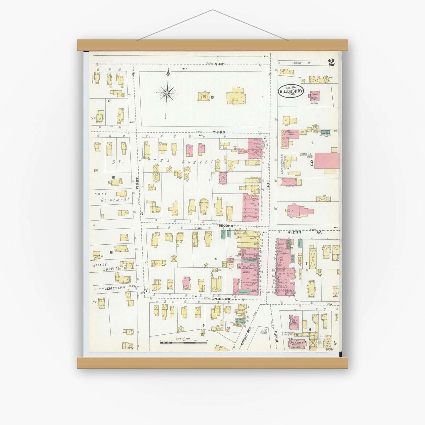 Old map wall art mockup — magnetic wood frame on white wall — Sanborn Fire Insurance Map from Willoughby, Lake County, Ohio (1904), Sheet #0002