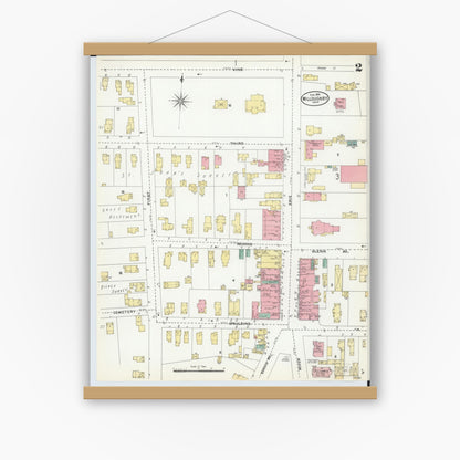 Old map wall art mockup — magnetic wood frame on white wall — Sanborn Fire Insurance Map from Willoughby, Lake County, Ohio (1904), Sheet #0002