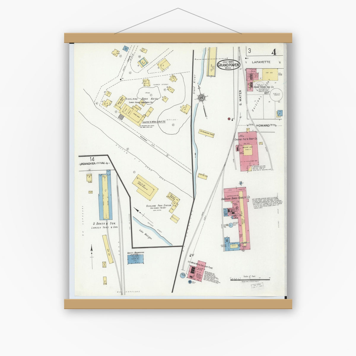 Old map wall art mockup — magnetic wood frame on white wall — Sanborn Fire Insurance Map from Grand Haven, Ottawa County, Michigan (1920), Sheet #0004