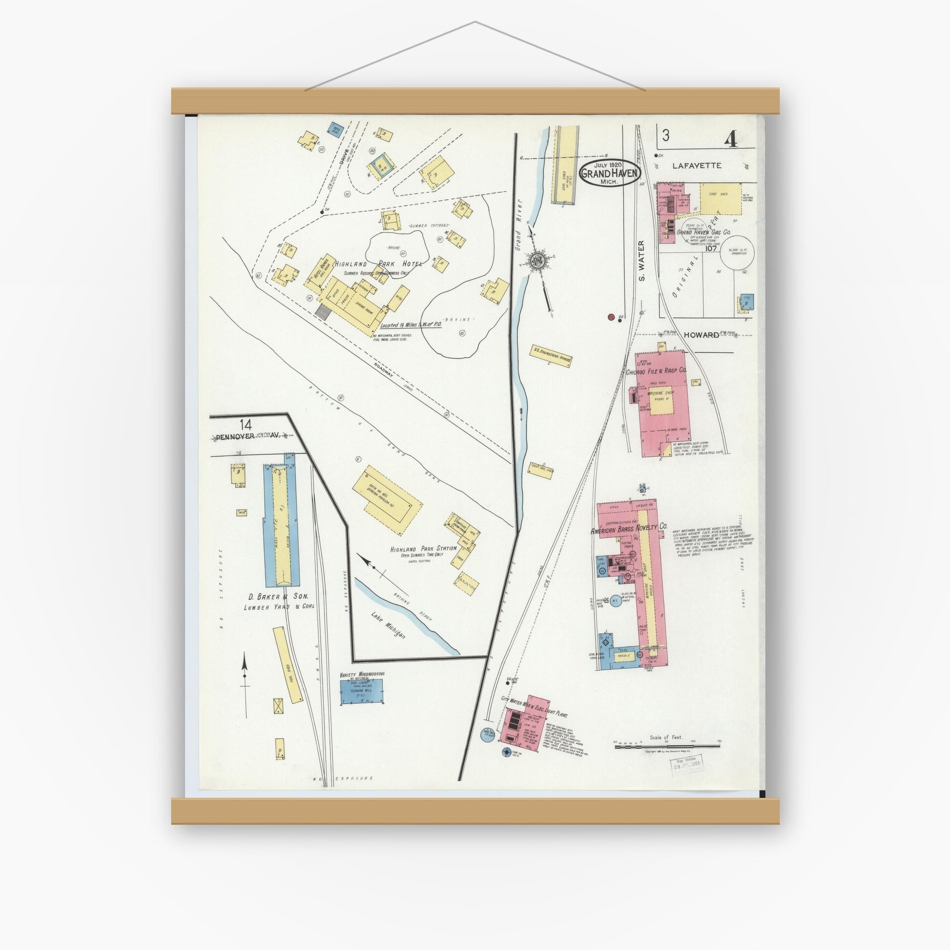 Old map wall art mockup — magnetic wood frame on white wall — Sanborn Fire Insurance Map from Grand Haven, Ottawa County, Michigan (1920), Sheet #0004