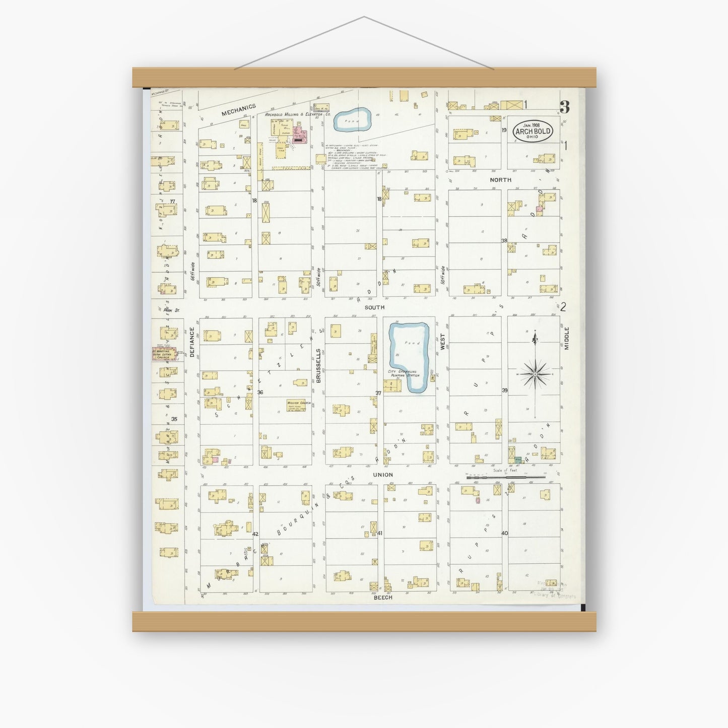 Old map wall art mockup — magnetic wood frame on white wall — Sanborn Fire Insurance Map from Archbold, Fulton County, Ohio (1908), Sheet #0003