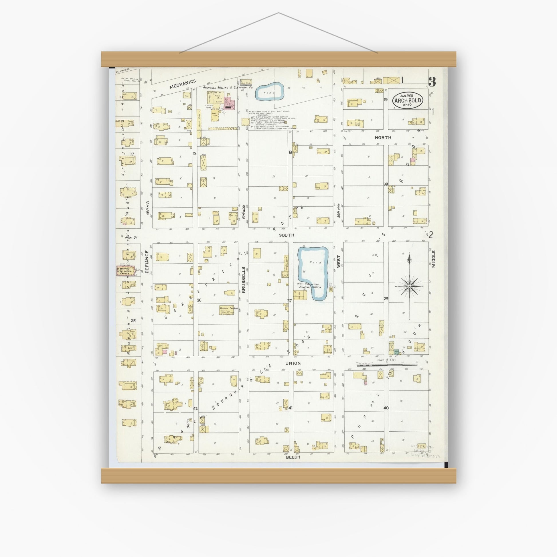 Old map wall art mockup — magnetic wood frame on white wall — Sanborn Fire Insurance Map from Archbold, Fulton County, Ohio (1908), Sheet #0003