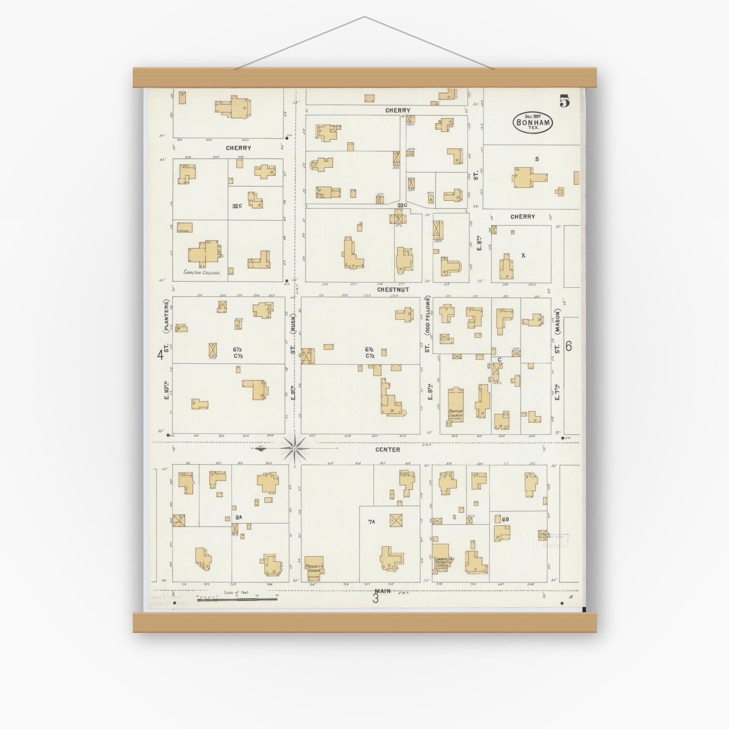 Old map wall art mockup — magnetic wood frame on white wall — Sanborn Fire Insurance Map from Bonham, Fannin County, Texas (1897), Sheet #0005