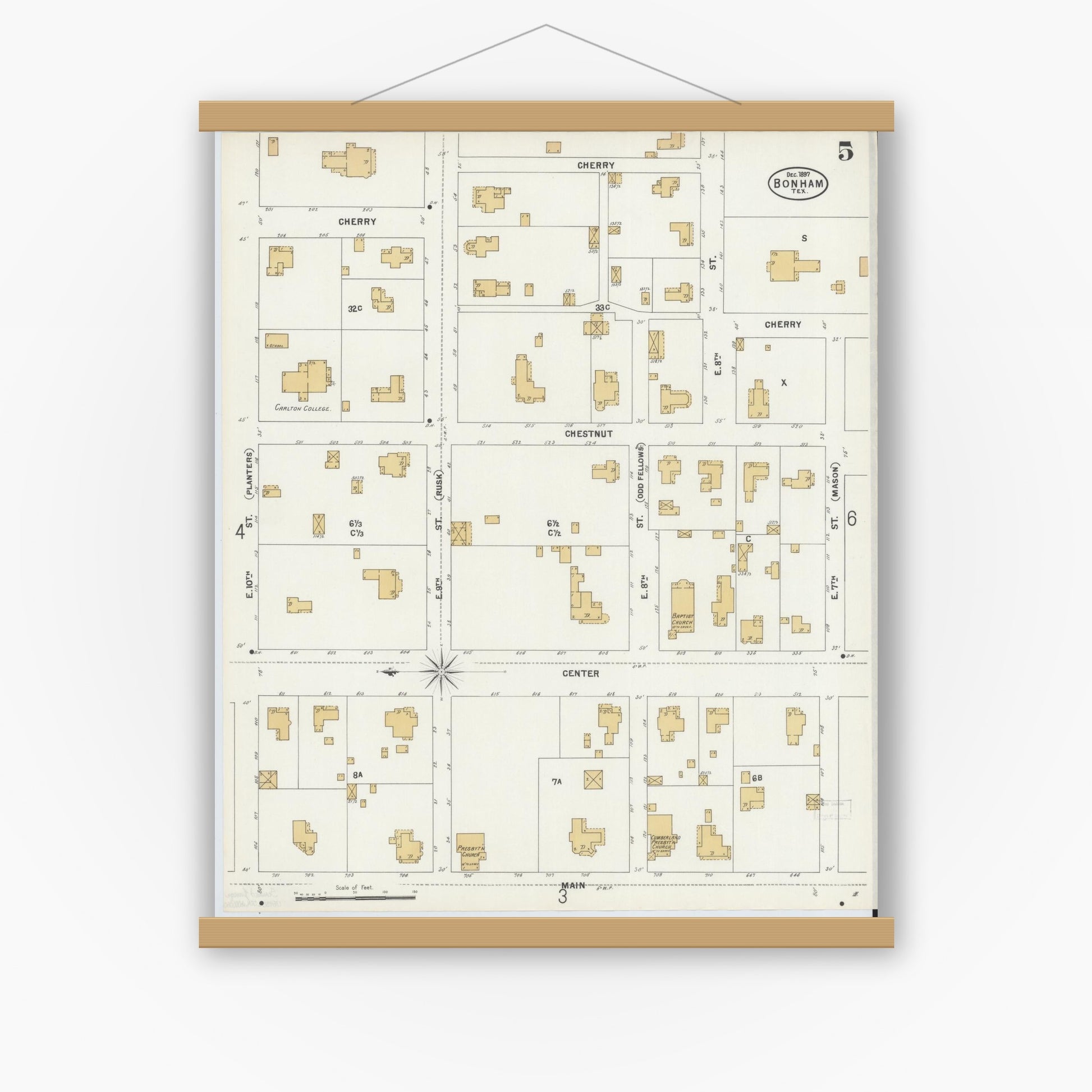 Old map wall art mockup — magnetic wood frame on white wall — Sanborn Fire Insurance Map from Bonham, Fannin County, Texas (1897), Sheet #0005