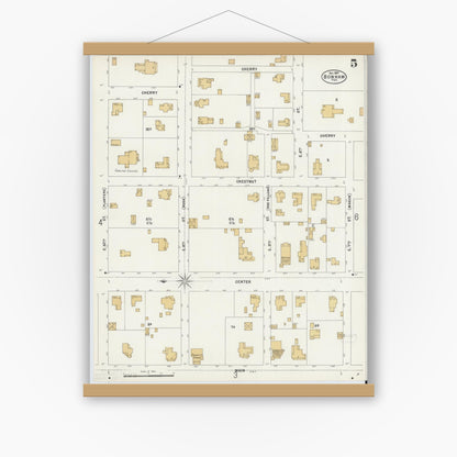 Old map wall art mockup — magnetic wood frame on white wall — Sanborn Fire Insurance Map from Bonham, Fannin County, Texas (1897), Sheet #0005