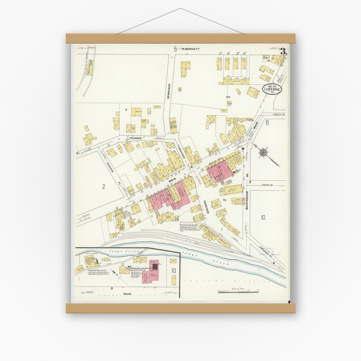 Old map wall art mockup — magnetic wood frame on white wall — Sanborn Fire Insurance Map from Luzerne, Luzerne County, Pennsylvania (1911), Sheet #0003