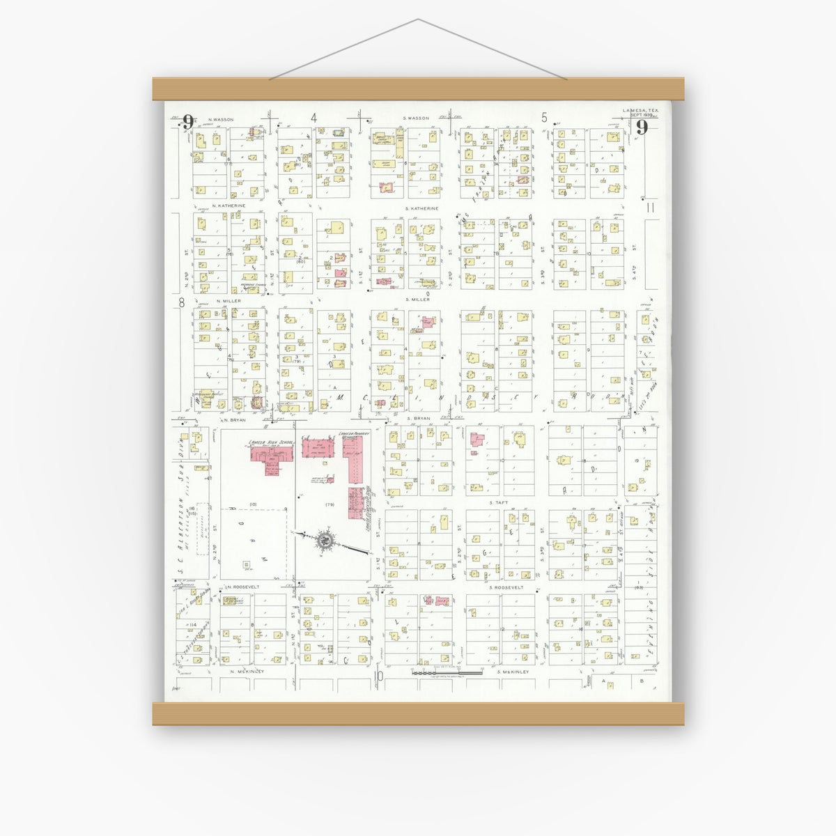Old map wall art mockup — magnetic wood frame on white wall — Sanborn Fire Insurance Map from Lamesa, Dawson County, Texas (1939), Sheet #0009