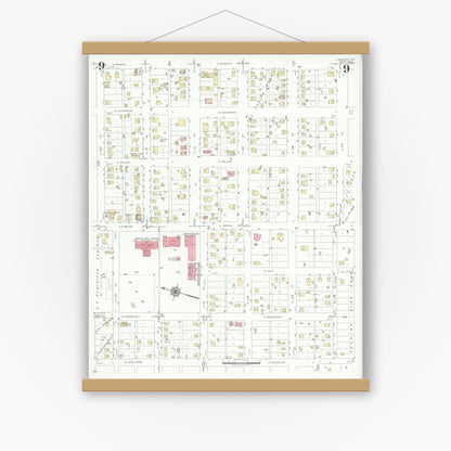 Old map wall art mockup — magnetic wood frame on white wall — Sanborn Fire Insurance Map from Lamesa, Dawson County, Texas (1939), Sheet #0009