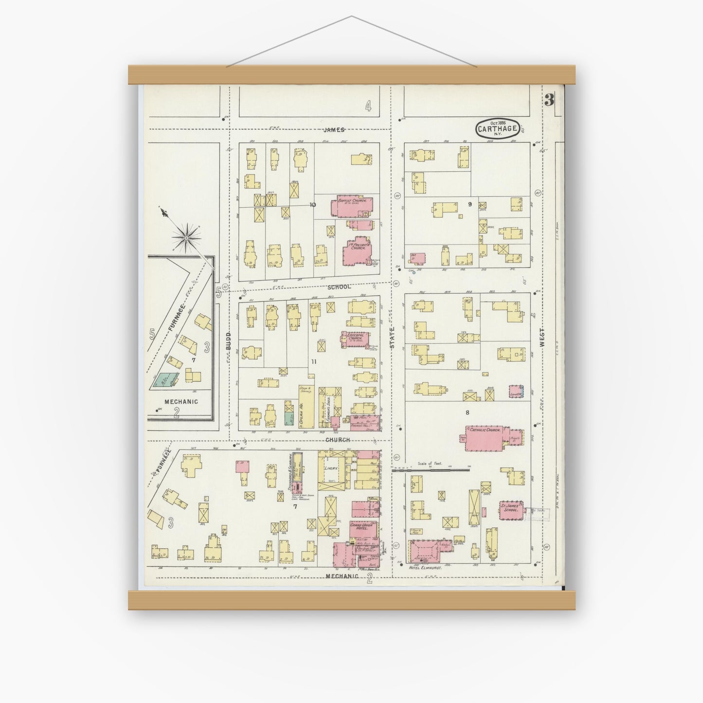 Old map wall art mockup — magnetic wood frame on white wall — Sanborn Fire Insurance Map from Carthage, Jefferson County, New York (1895), Sheet #0003
