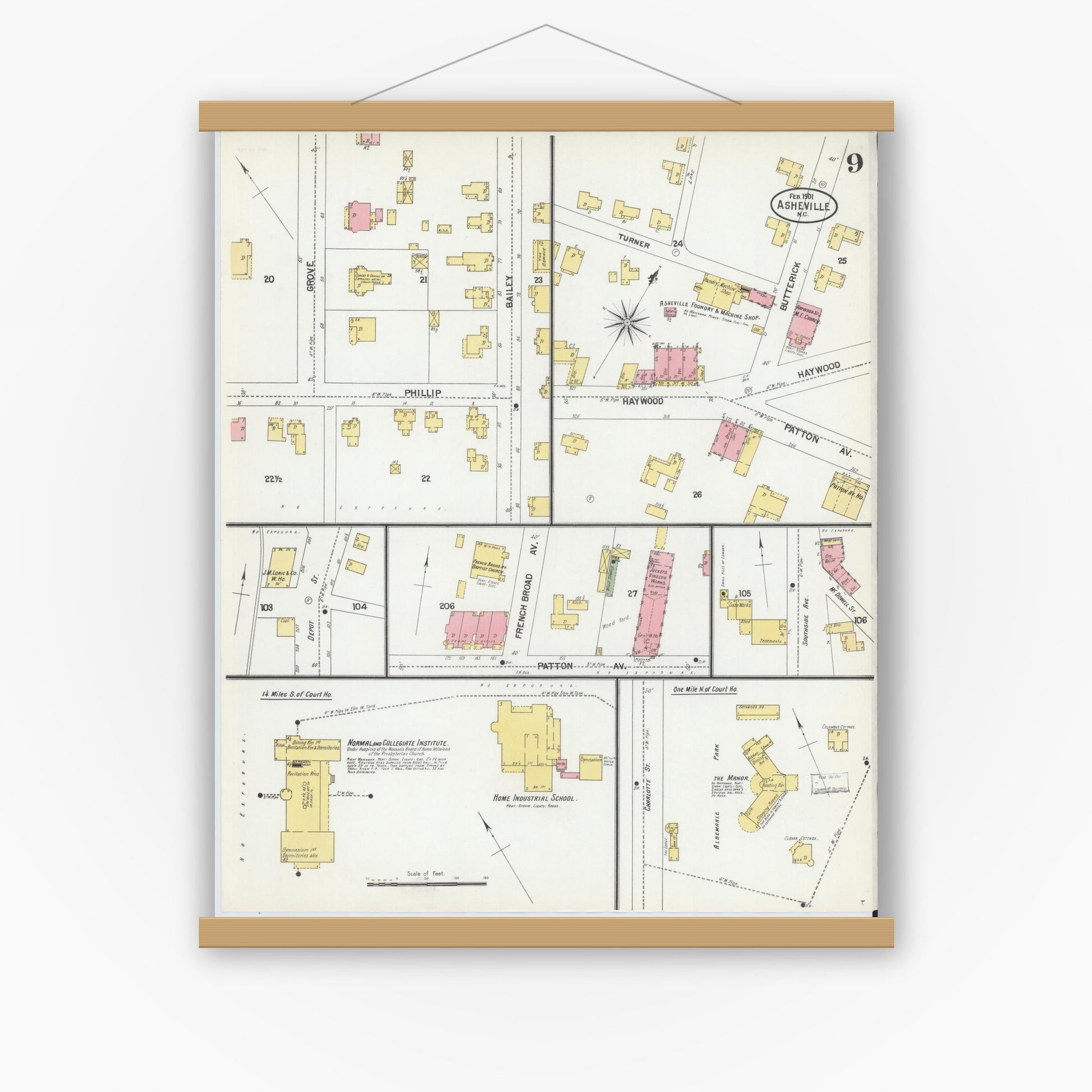 Old map wall art mockup — magnetic wood frame on white wall — Sanborn Fire Insurance Map from Asheville, Buncombe County, North Carolina (1901), Sheet #0009