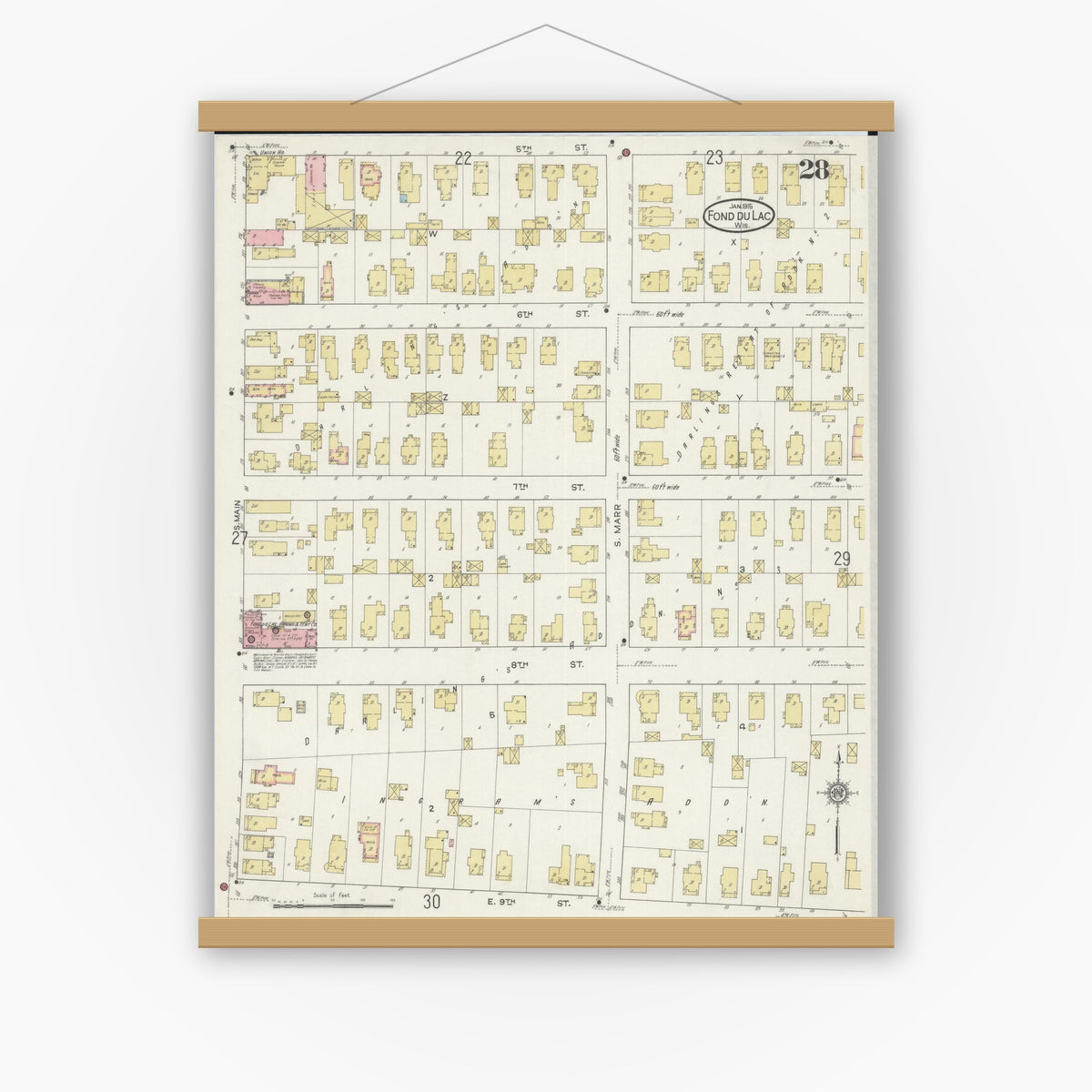 Old map wall art mockup — magnetic wood frame on white wall — Sanborn Fire Insurance Map from Fond du Lac, Fond du Lac County, Wisconsin (1915), Sheet #0028