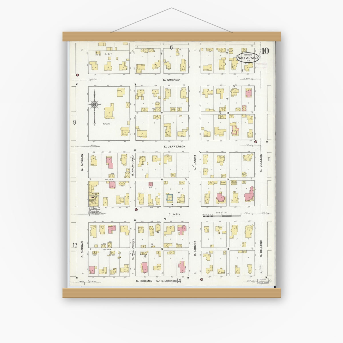 Old map wall art mockup — magnetic wood frame on white wall — Sanborn Fire Insurance Map from Valparaiso, Porter County, Indiana (1910), Sheet #0010