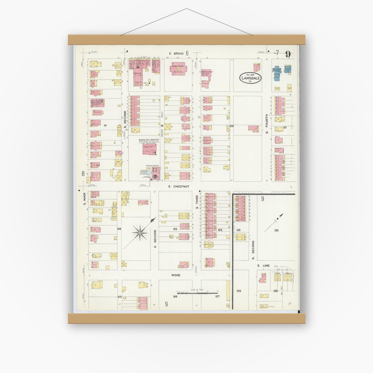 Old map wall art mockup — magnetic wood frame on white wall — Sanborn Fire Insurance Map from Lansdale, Montgomery County, Pennsylvania (1912), Sheet #0009