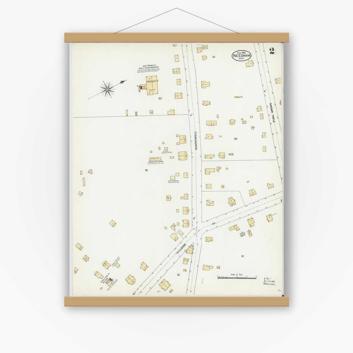 Old map wall art mockup — magnetic wood frame on white wall — Sanborn Fire Insurance Map from Needham, Norfolk County, Massachusetts (1906), Sheet #0002