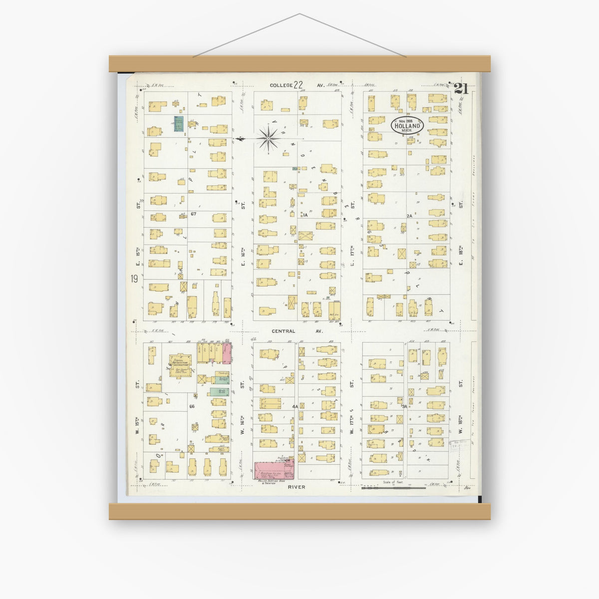 Old map wall art mockup — magnetic wood frame on white wall — Sanborn Fire Insurance Map from Holland, Ottawa County, Michigan (1908), Sheet #0021