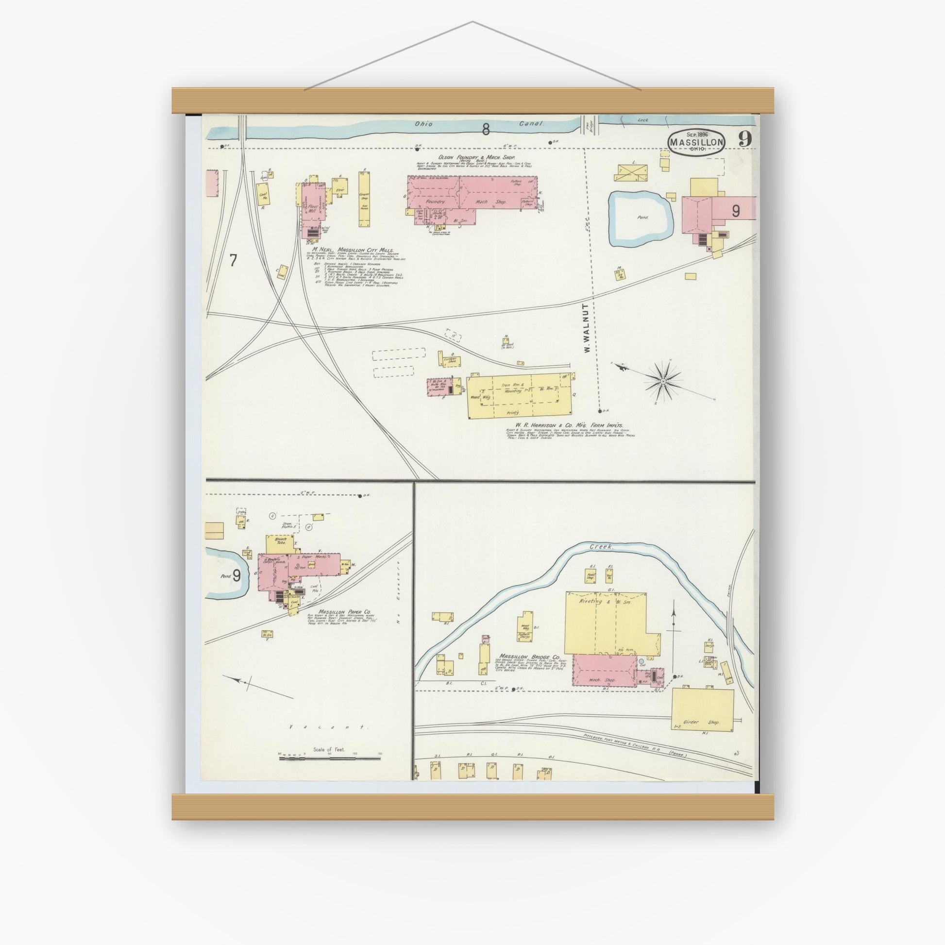 Old map wall art mockup — magnetic wood frame on white wall — Sanborn Fire Insurance Map from Massillon, Stark County, Ohio (1896), Sheet #0009