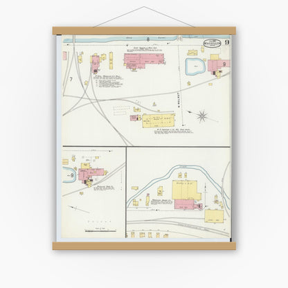Old map wall art mockup — magnetic wood frame on white wall — Sanborn Fire Insurance Map from Massillon, Stark County, Ohio (1896), Sheet #0009