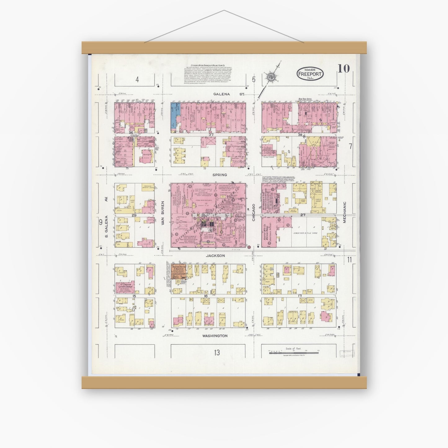 Old map wall art mockup — magnetic wood frame on white wall — Sanborn Fire Insurance Map from Freeport, Stephenson County, Illinois (1918), Sheet #0010