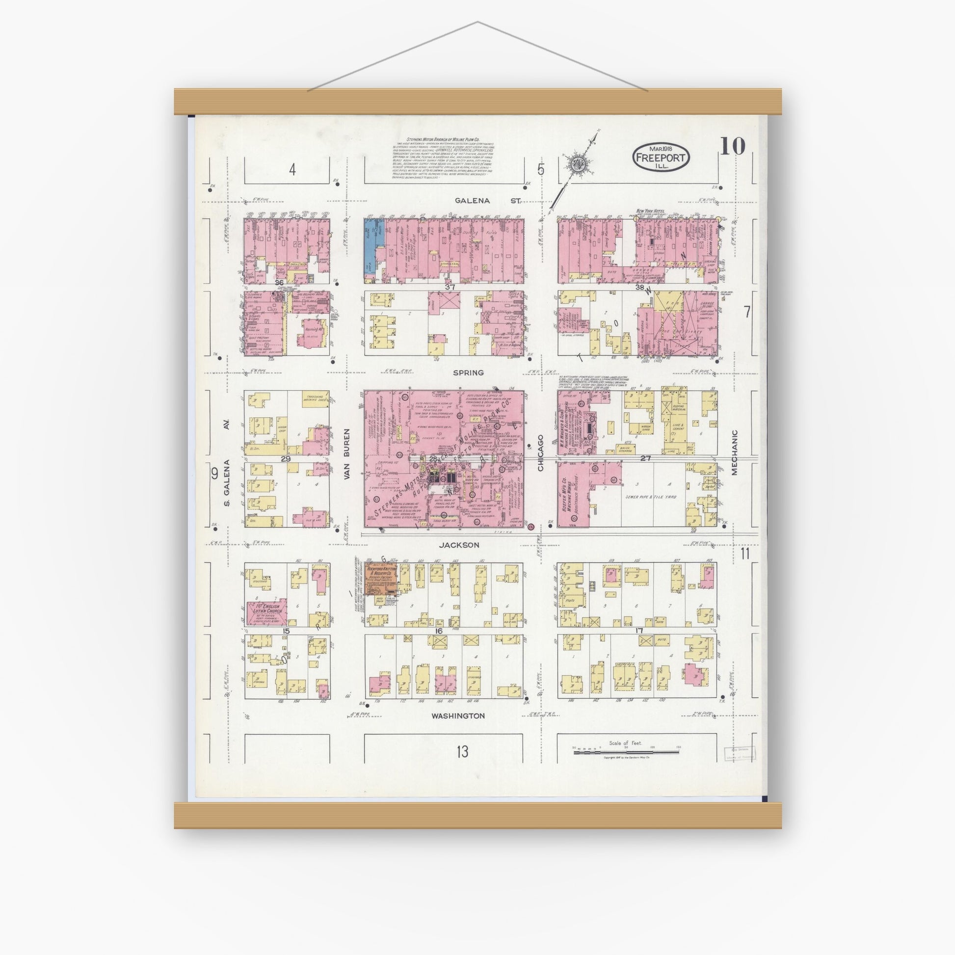 Old map wall art mockup — magnetic wood frame on white wall — Sanborn Fire Insurance Map from Freeport, Stephenson County, Illinois (1918), Sheet #0010