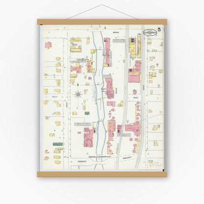 Old map wall art mockup — magnetic wood frame on white wall — Sanborn Fire Insurance Map from Cuyahoga Falls, Summit County, Ohio (1901), Sheet #0005