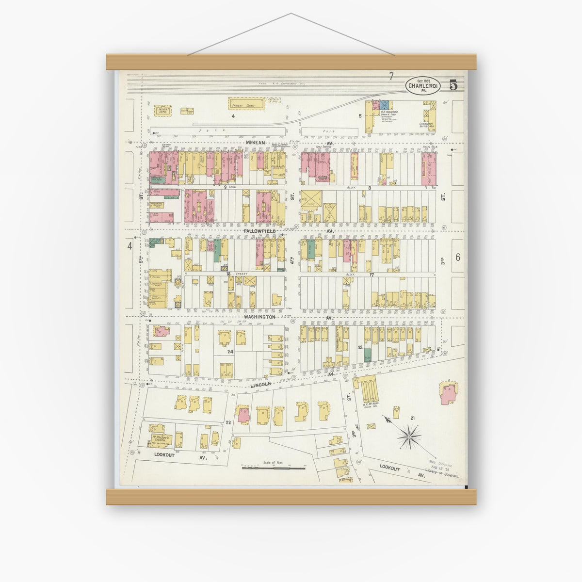 Old map wall art mockup — magnetic wood frame on white wall — Sanborn Fire Insurance Map from Charleroi, Washington County, Pennsylvania (1902), Sheet #0005