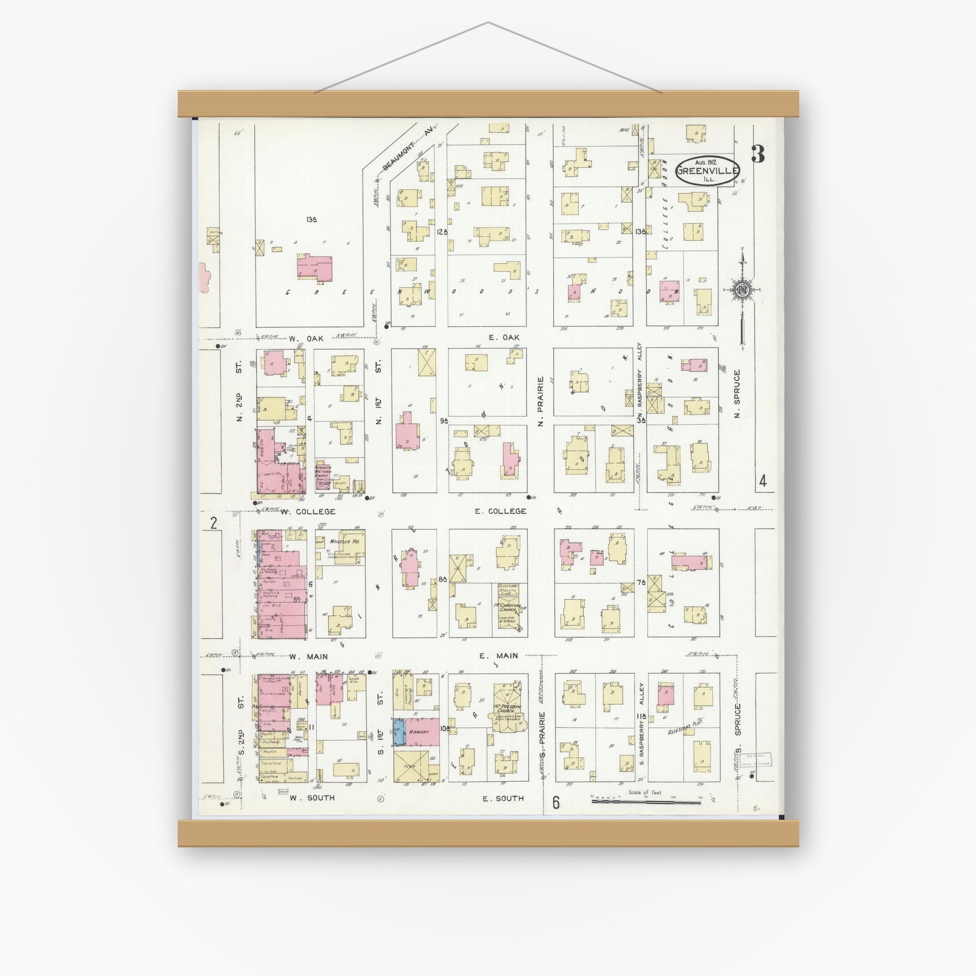 Old map wall art mockup — magnetic wood frame on white wall — Sanborn Fire Insurance Map from Greenville, Bond County, Illinois (1912), Sheet #0003
