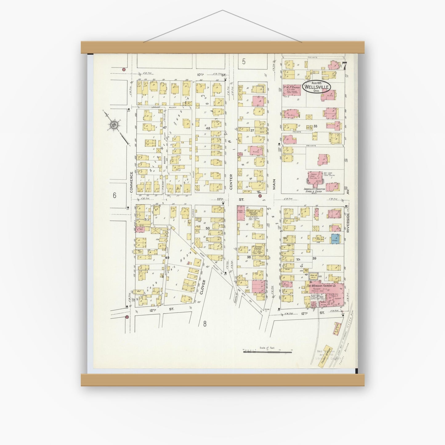 Old map wall art mockup — magnetic wood frame on white wall — Sanborn Fire Insurance Map from Wellsville, Columbiana County, Ohio (1915), Sheet #0007