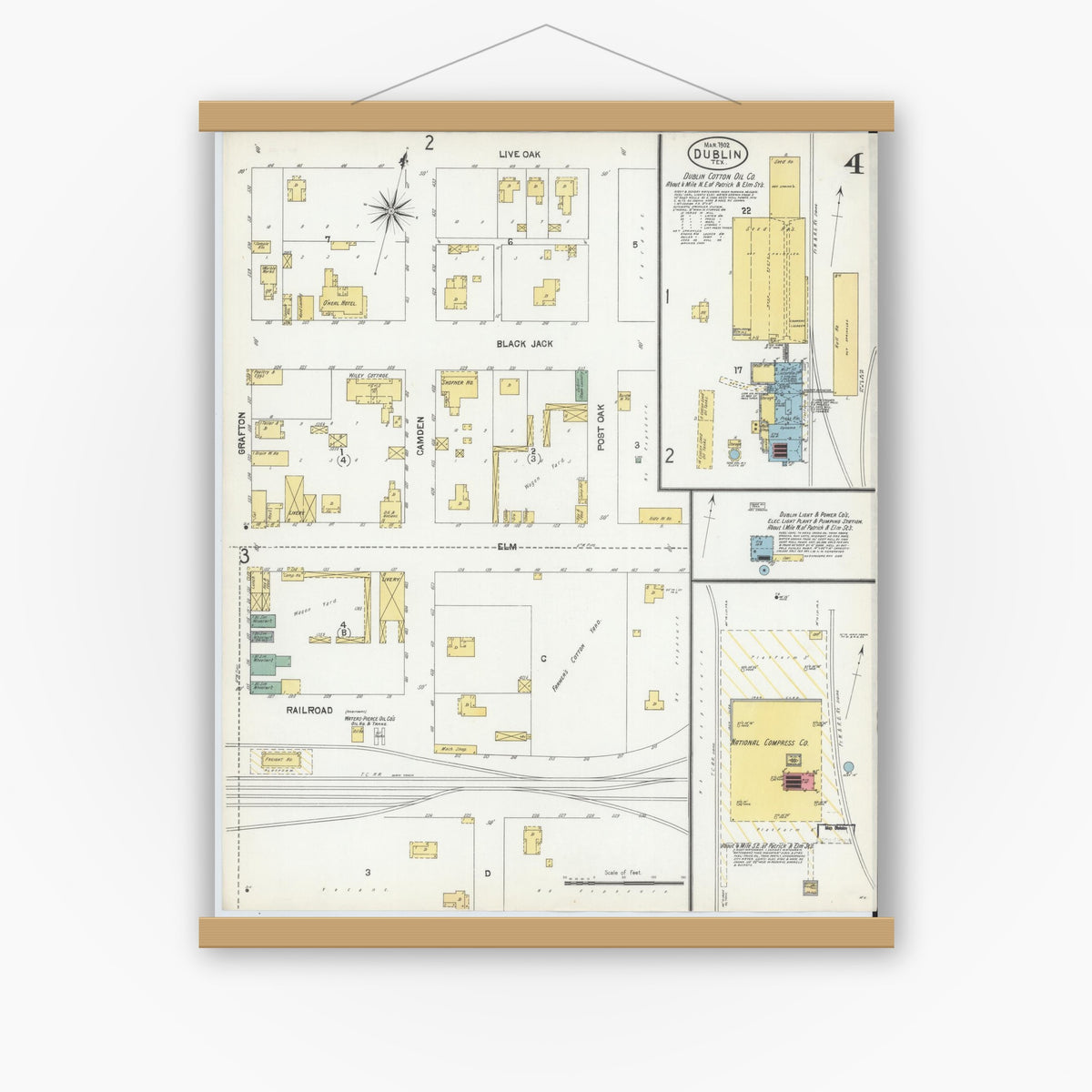 Old map wall art mockup — magnetic wood frame on white wall — Sanborn Fire Insurance Map from Dublin, Erath County, Texas (1902), Sheet #0004