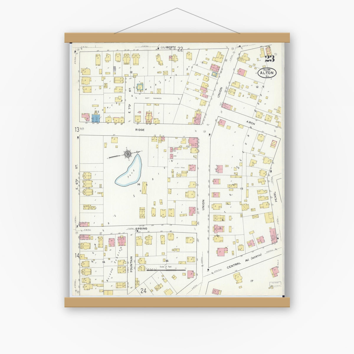 Old map wall art mockup — magnetic wood frame on white wall — Sanborn Fire Insurance Map from Alton, Madison County, Illinois (1915), Sheet #0023