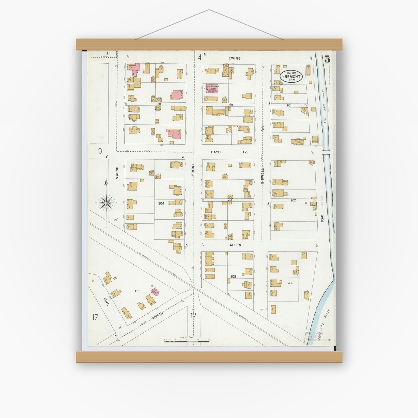 Old map wall art mockup — magnetic wood frame on white wall — Sanborn Fire Insurance Map from Fremont, Sandusky County, Ohio (1899), Sheet #0005