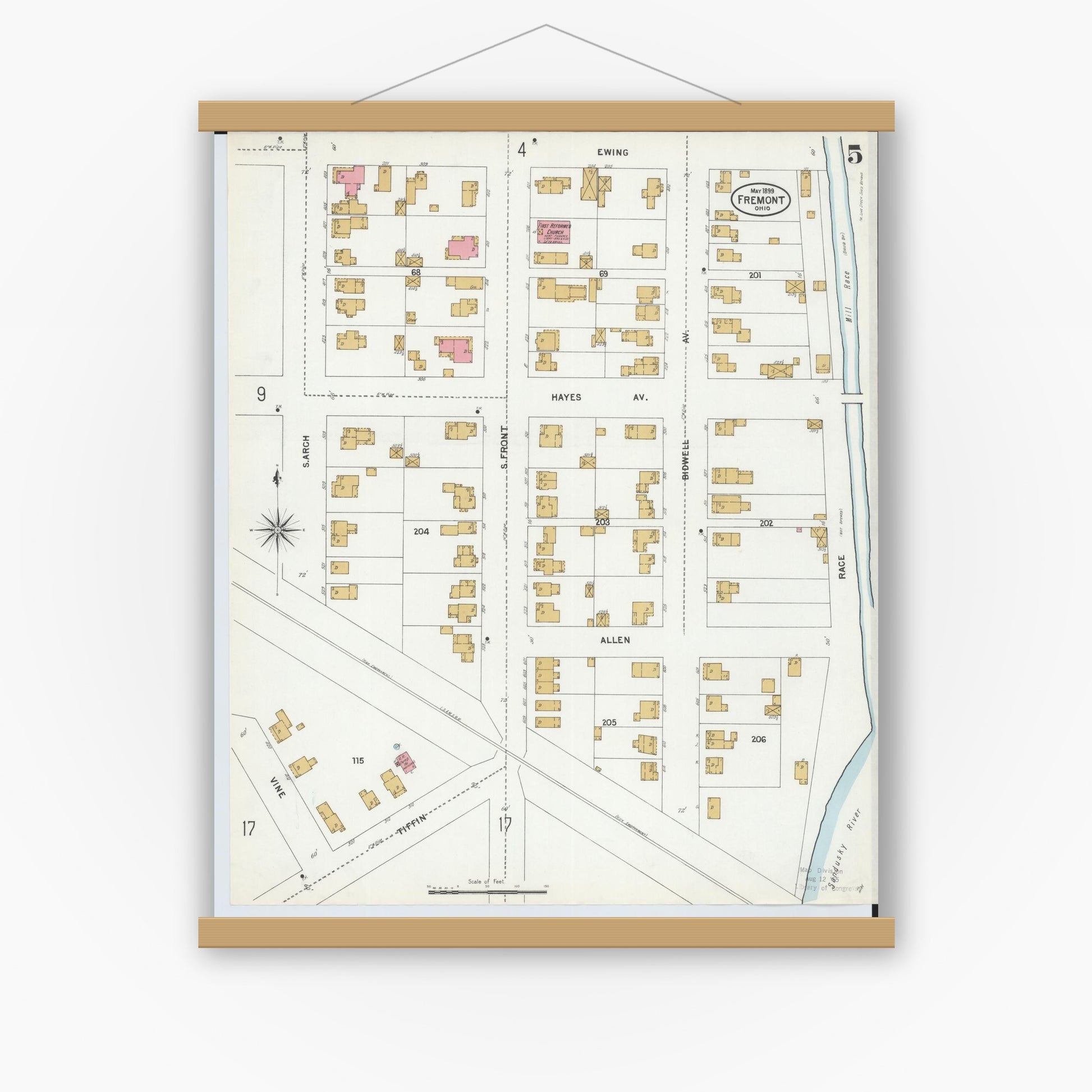 Old map wall art mockup — magnetic wood frame on white wall — Sanborn Fire Insurance Map from Fremont, Sandusky County, Ohio (1899), Sheet #0005