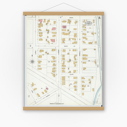 Old map wall art mockup — magnetic wood frame on white wall — Sanborn Fire Insurance Map from Fremont, Sandusky County, Ohio (1899), Sheet #0005