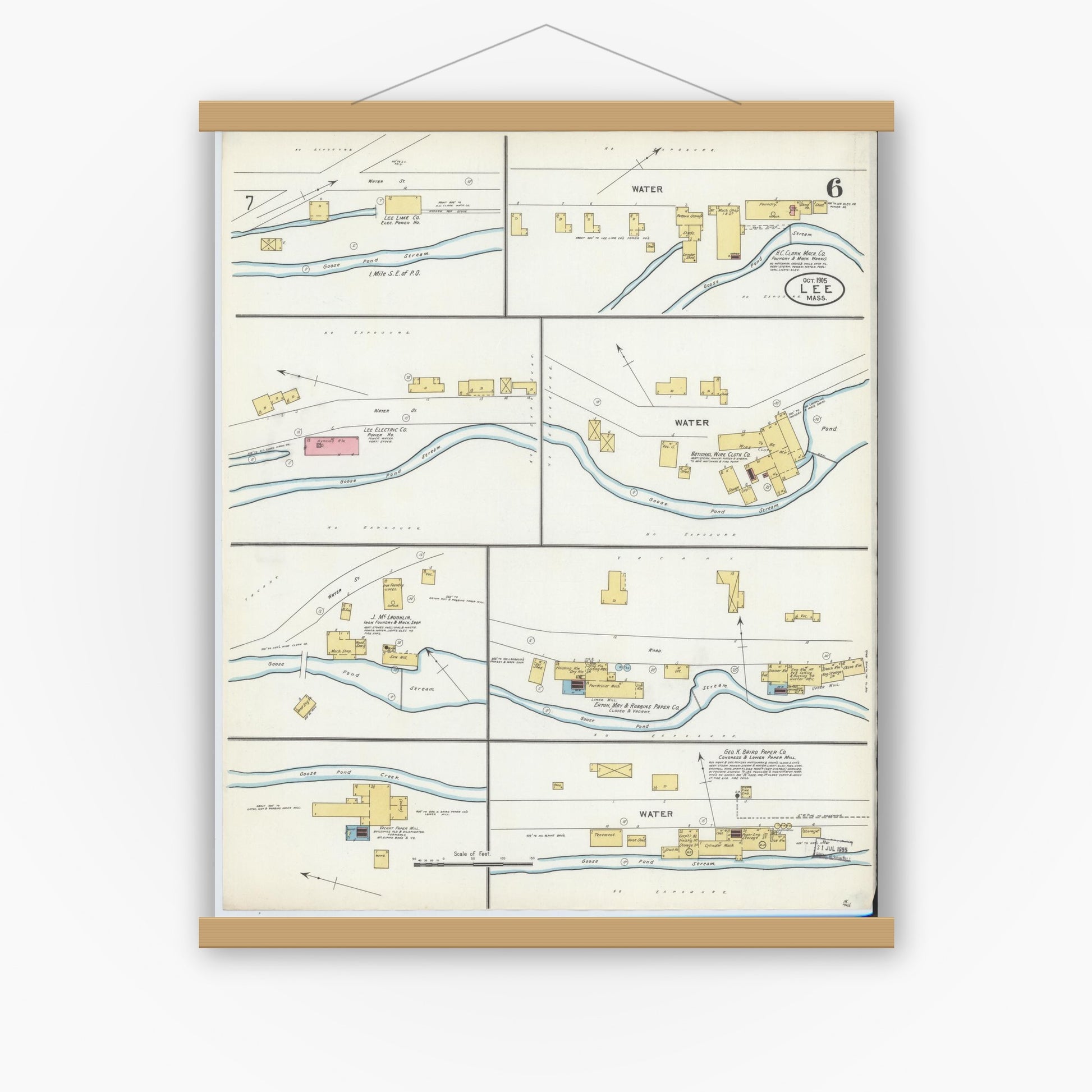 Old map wall art mockup — magnetic wood frame on white wall — Sanborn Fire Insurance Map from Lee, Berkshire County, Massachusetts (1905), Sheet #0006