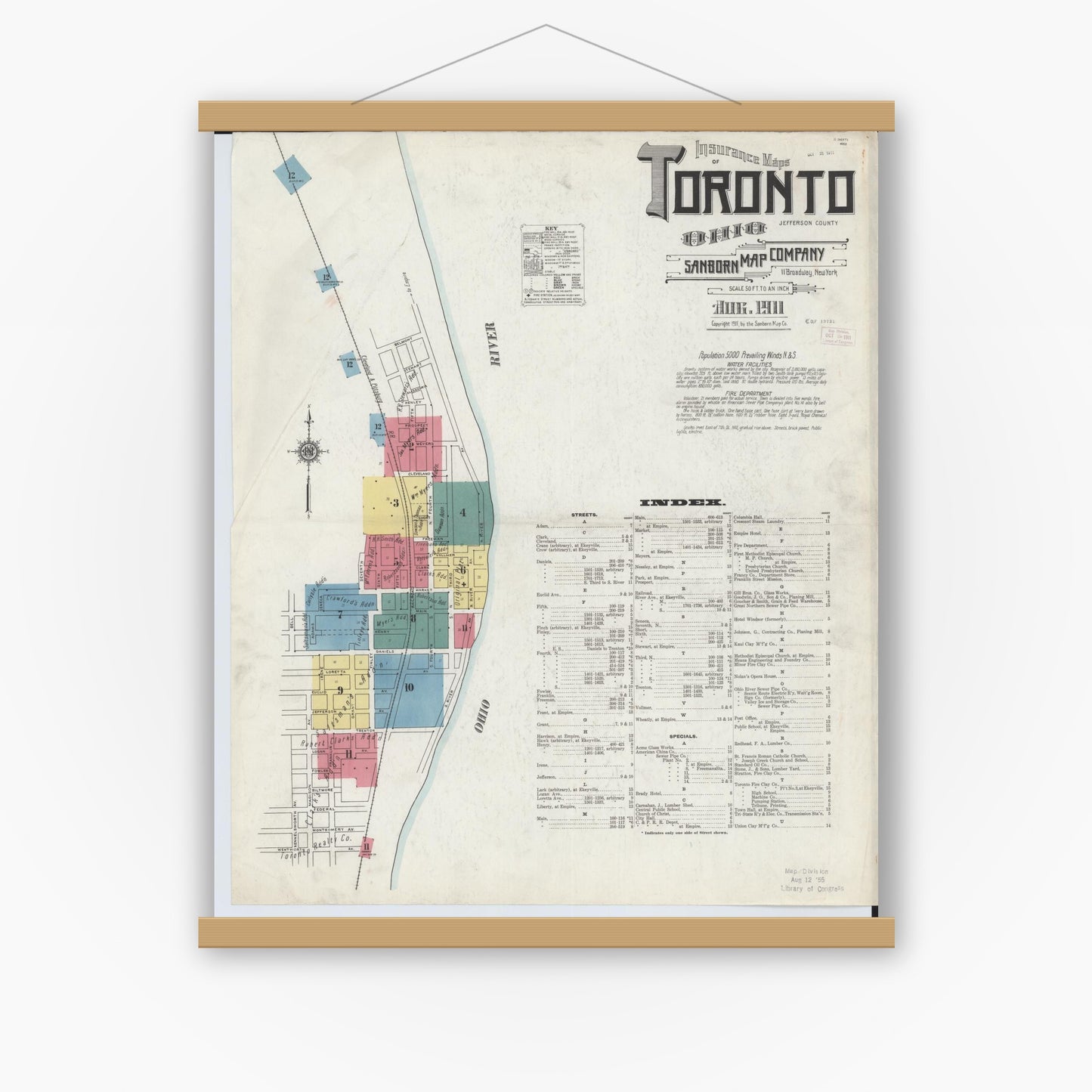 Old map wall art mockup — magnetic wood frame on white wall — Sanborn Fire Insurance Map from Toronto, Jefferson County, Ohio (1911) - Complete Map Set