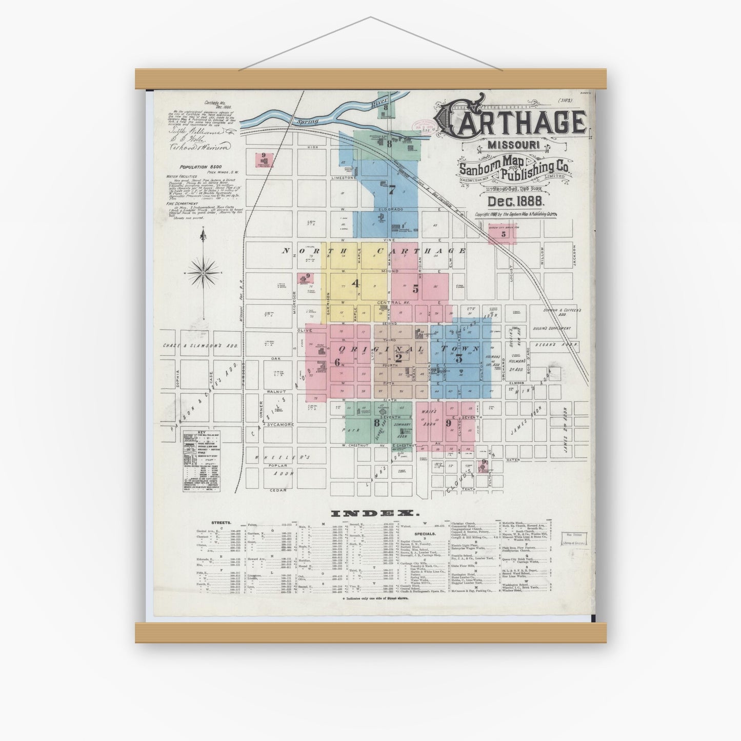 Old map wall art mockup — magnetic wood frame on white wall — Sanborn Fire Insurance Map from Carthage, Jasper County, Missouri (1888) - Complete Map Set
