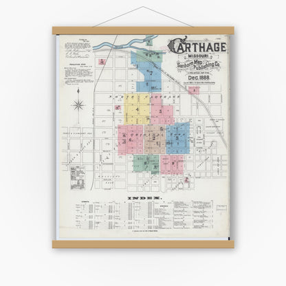 Old map wall art mockup — magnetic wood frame on white wall — Sanborn Fire Insurance Map from Carthage, Jasper County, Missouri (1888) - Complete Map Set
