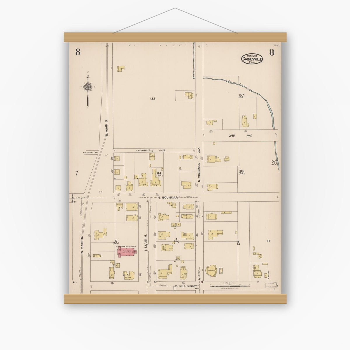 Old map wall art mockup — magnetic wood frame on white wall — Sanborn Fire Insurance Map from Gainesville, Alachua County, Florida (1922), Sheet #0008