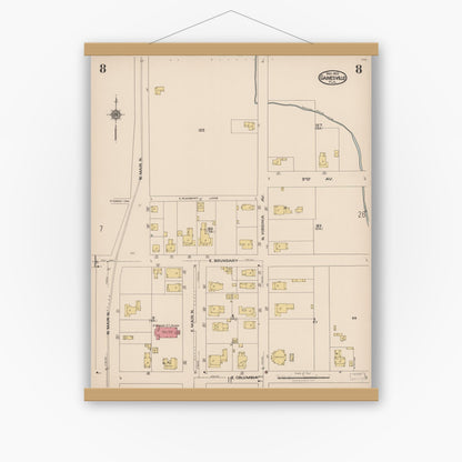 Old map wall art mockup — magnetic wood frame on white wall — Sanborn Fire Insurance Map from Gainesville, Alachua County, Florida (1922), Sheet #0008
