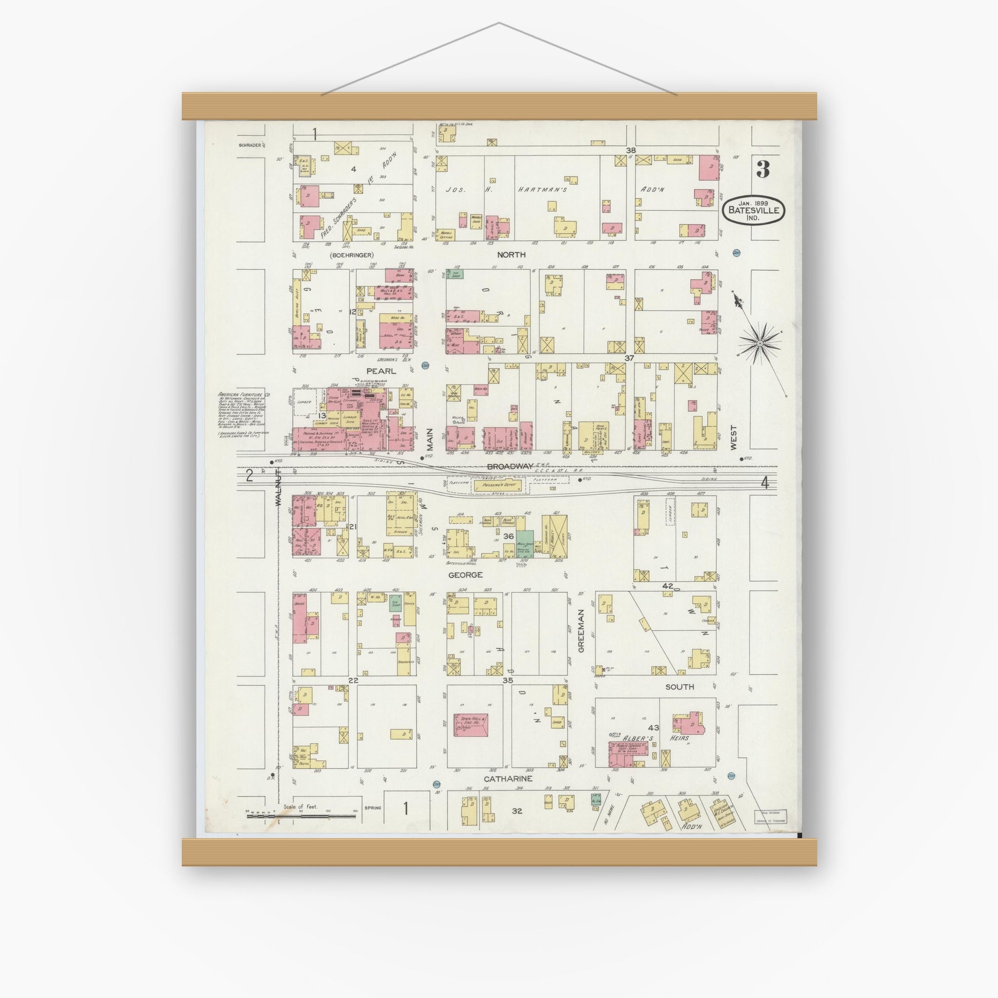 Old map wall art mockup — magnetic wood frame on white wall — Sanborn Fire Insurance Map from Batesville, Ripley County, Indiana (1899), Sheet #0003