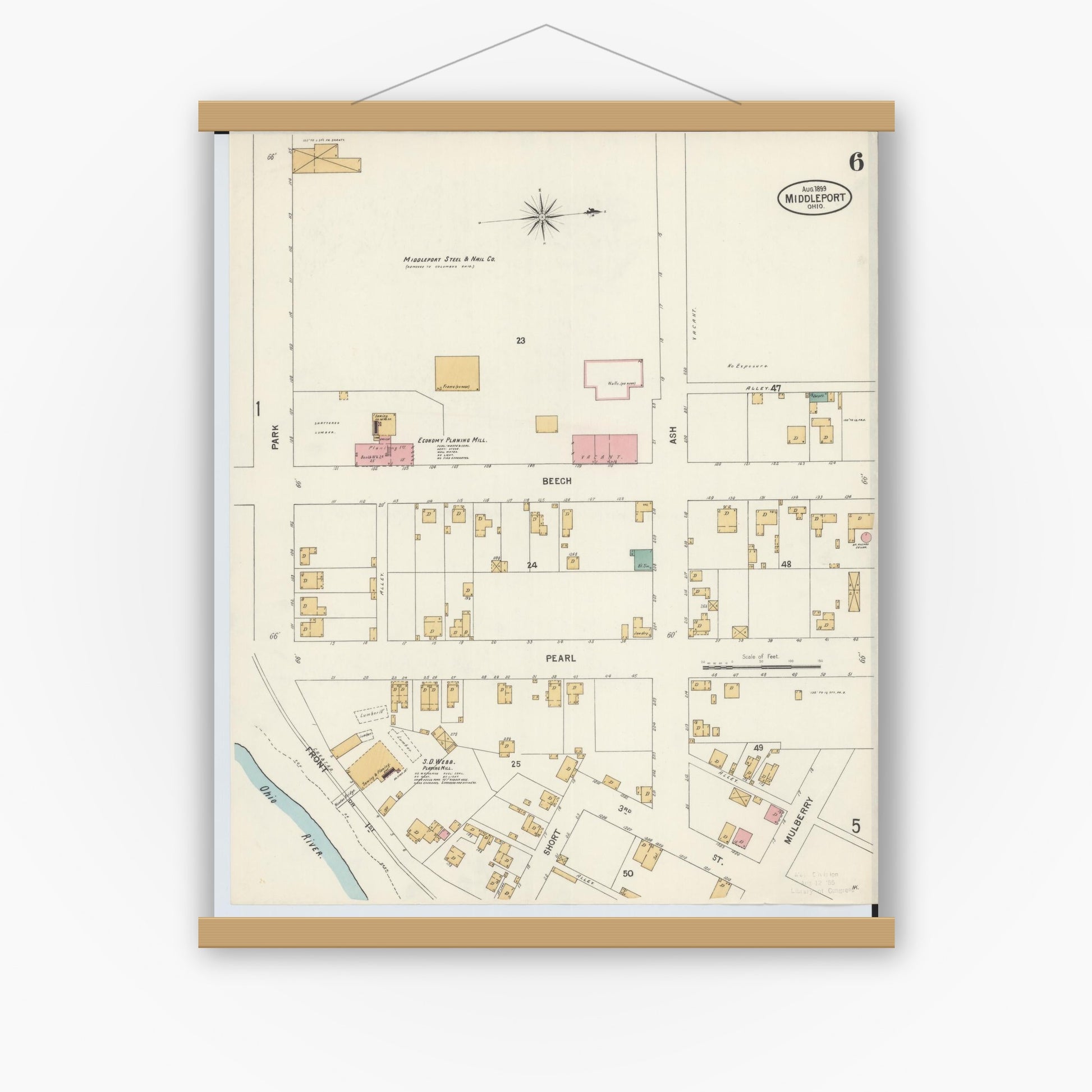 Old map wall art mockup — magnetic wood frame on white wall — Sanborn Fire Insurance Map from Middleport, Meigs County, Ohio (1899), Sheet #0006