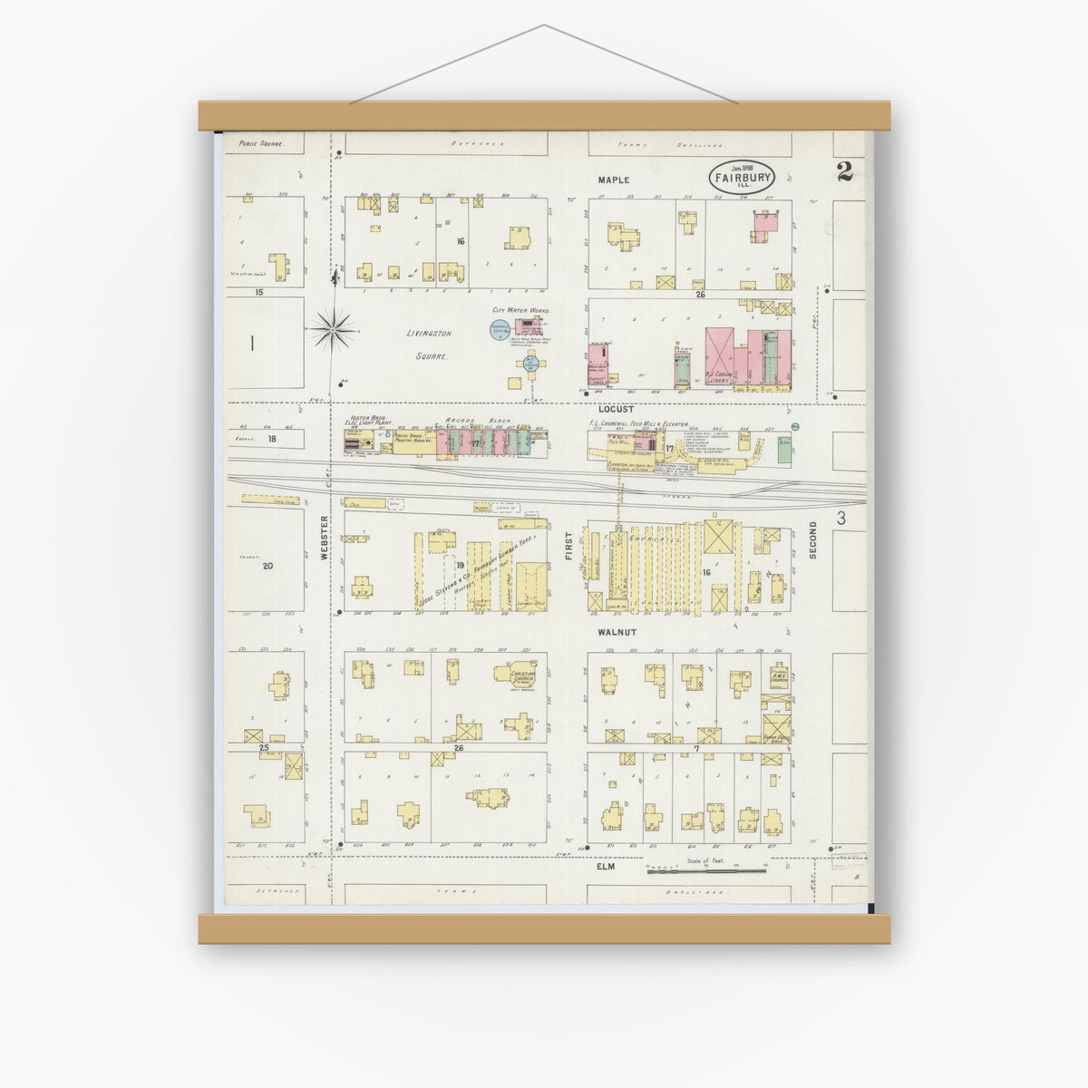 Old map wall art mockup — magnetic wood frame on white wall — Sanborn Fire Insurance Map from Fairbury, Livingston County, Illinois (1898), Sheet #0002
