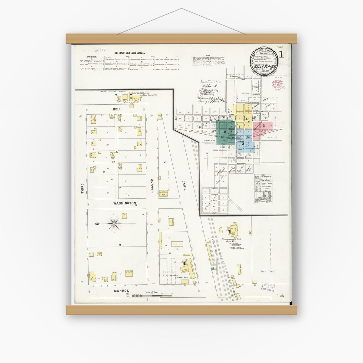 Old map wall art mockup — magnetic wood frame on white wall — Sanborn Fire Insurance Map from Belle Plaine, Benton County, Iowa (1895) â€” Complete Set