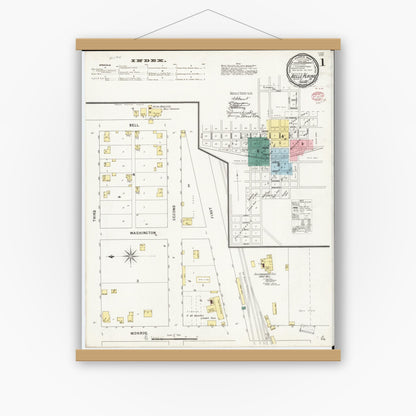 Old map wall art mockup — magnetic wood frame on white wall — Sanborn Fire Insurance Map from Belle Plaine, Benton County, Iowa (1895) â€” Complete Set