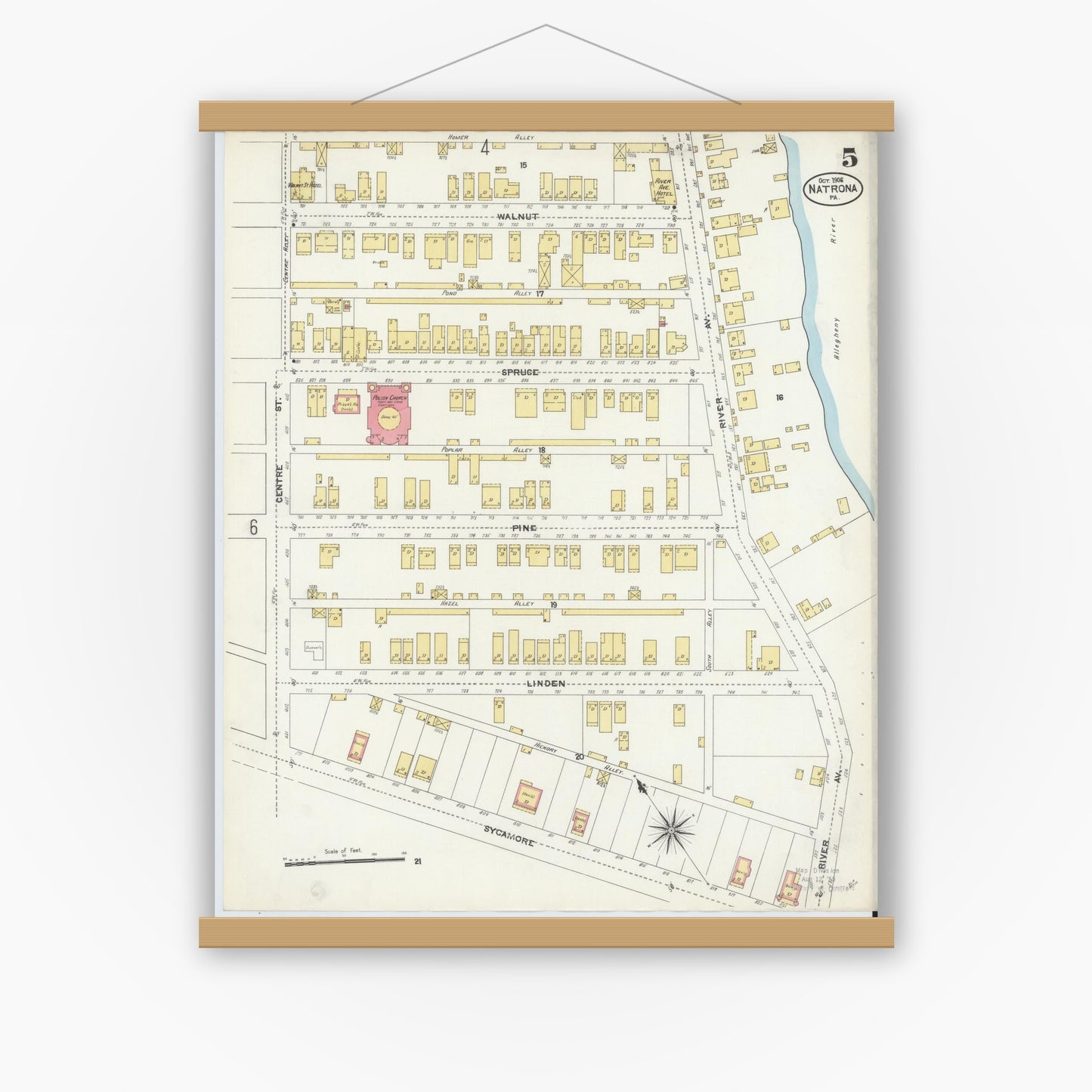 Old map wall art mockup — magnetic wood frame on white wall — Sanborn Fire Insurance Map from Natrona, Allegheny County, Pennsylvania (1906), Sheet #0005