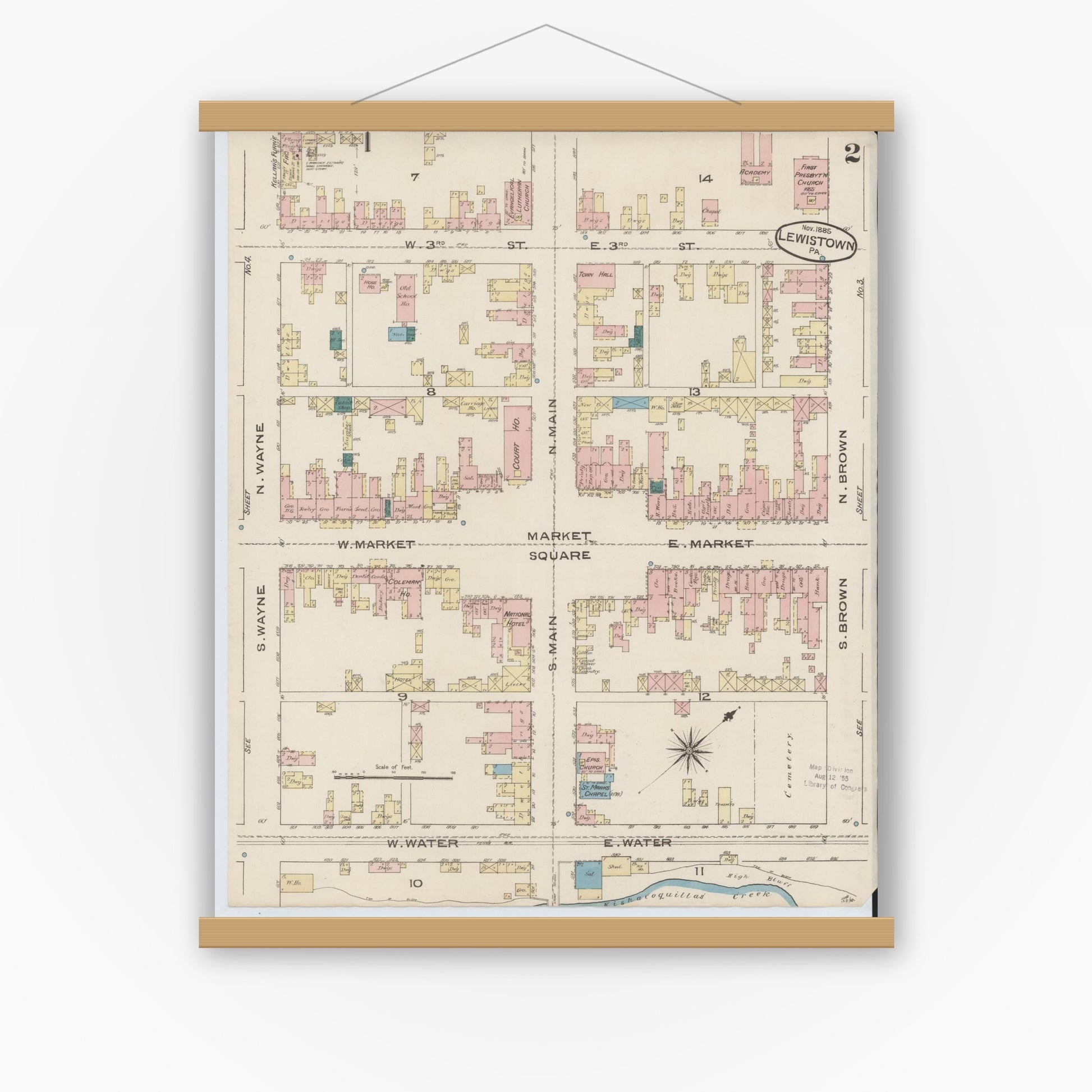Old map wall art mockup — magnetic wood frame on white wall — Sanborn Fire Insurance Map from Lewistown, Mifflin County, Pennsylvania (1885), Sheet #0002