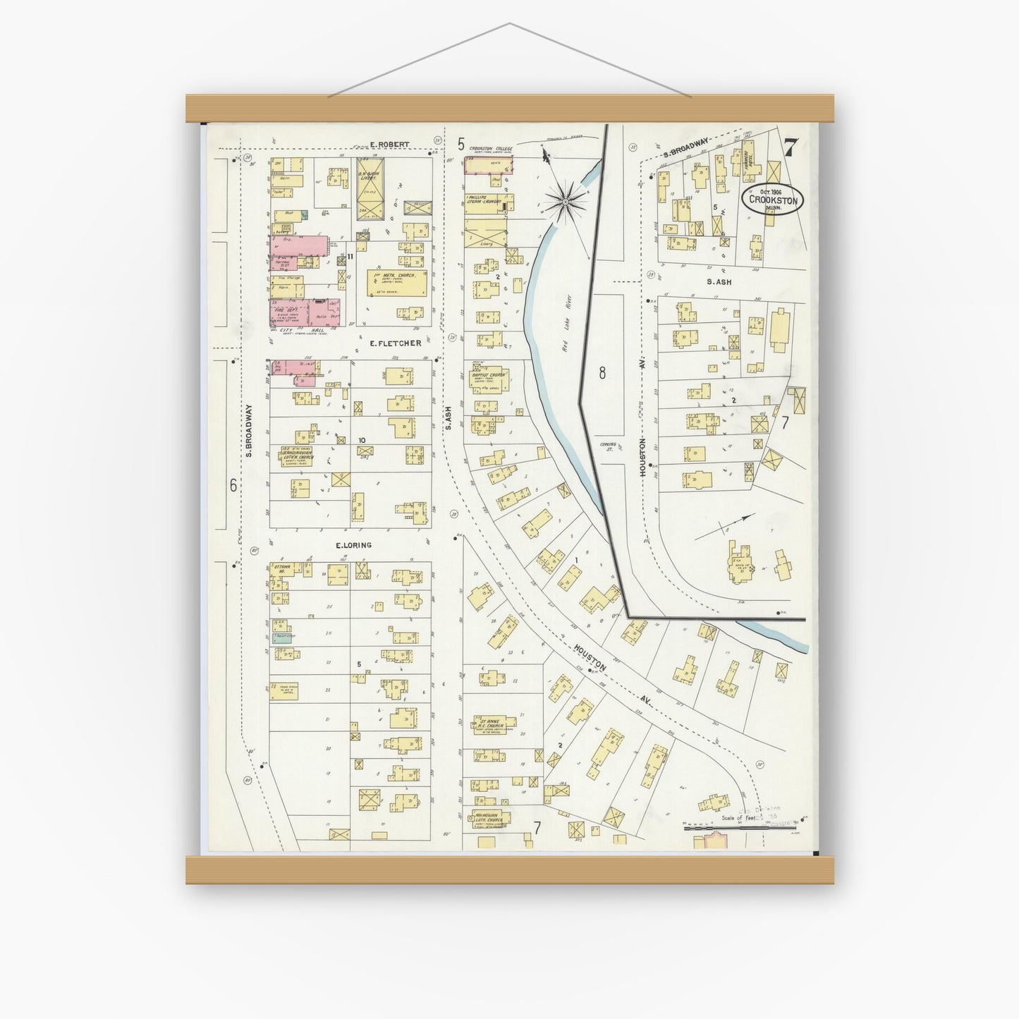 Old map wall art mockup — magnetic wood frame on white wall — Sanborn Fire Insurance Map from Crookston, Polk County, Minnesota (1906), Sheet #0007