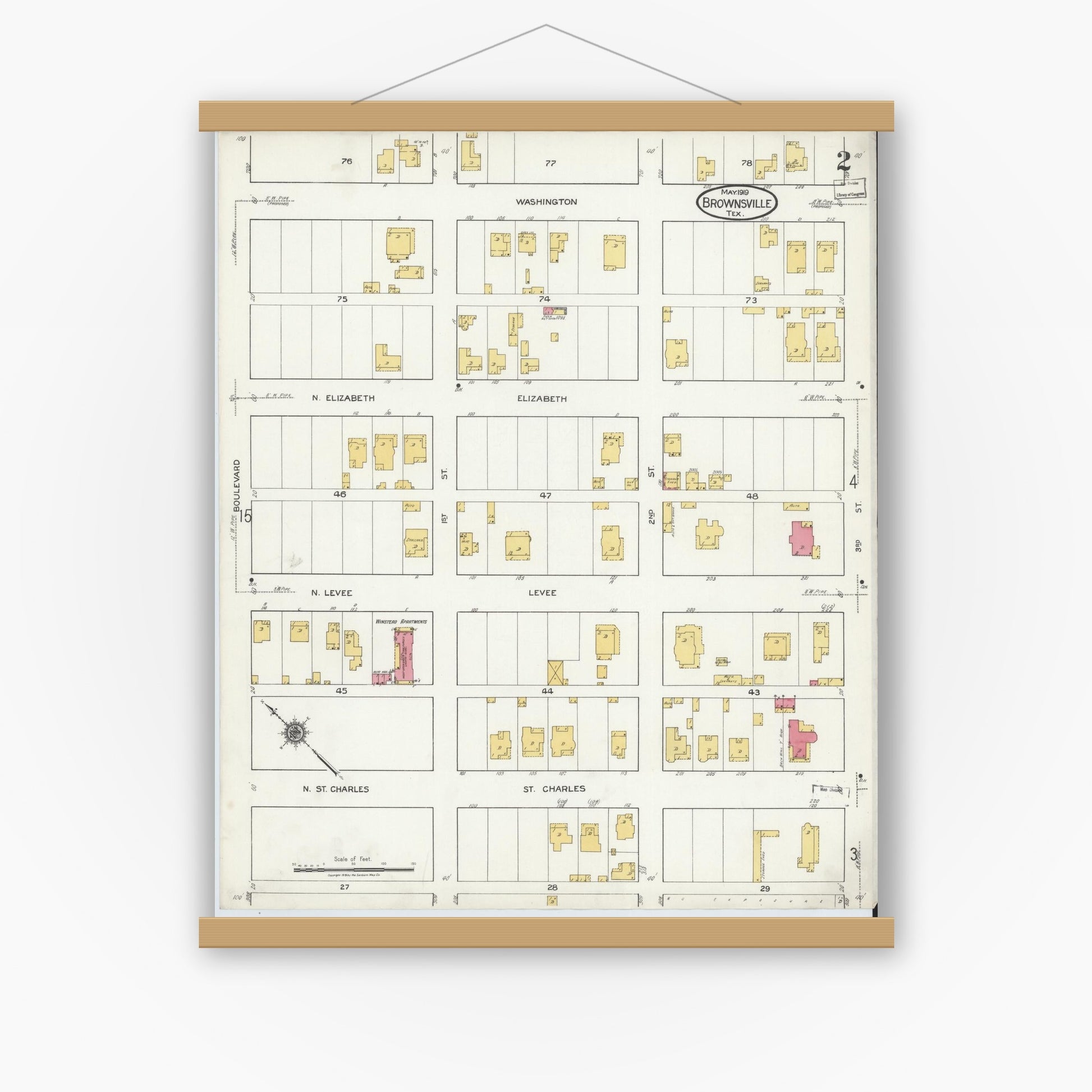 Old map wall art mockup — magnetic wood frame on white wall — Sanborn Fire Insurance Map from Brownsville, Cameron County, Texas (1919), Sheet #0002
