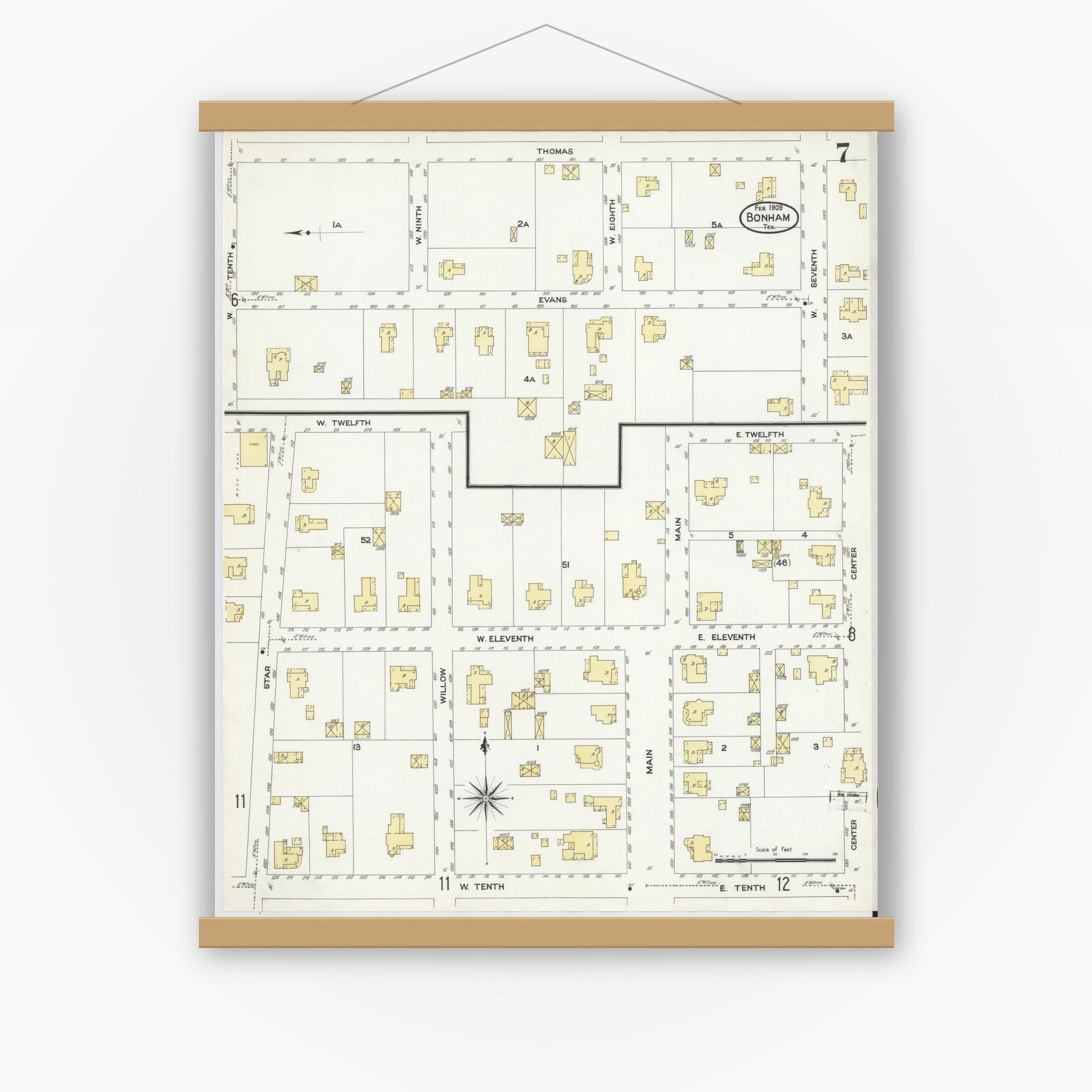 Old map wall art mockup — magnetic wood frame on white wall — Sanborn Fire Insurance Map from Bonham, Fannin County, Texas (1909), Sheet #0007