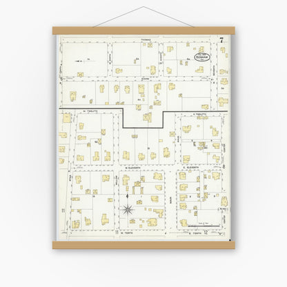 Old map wall art mockup — magnetic wood frame on white wall — Sanborn Fire Insurance Map from Bonham, Fannin County, Texas (1909), Sheet #0007
